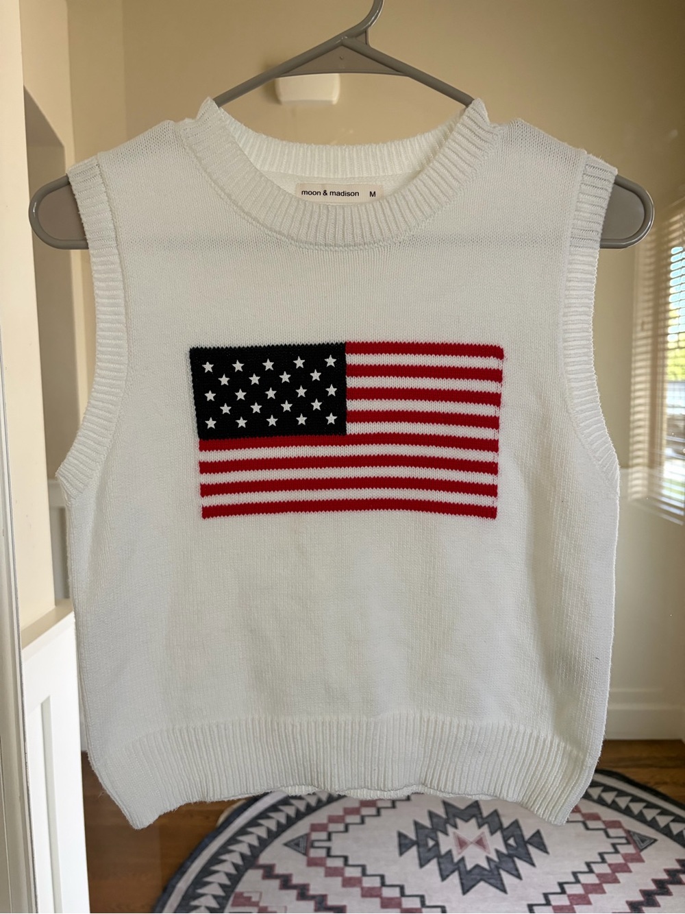 moon & madison White Knit Tank with American Flag Intarsia